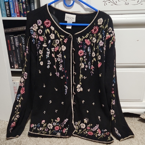 Carly St.Claire Sweaters - Black Floral Embroidered Cardigan